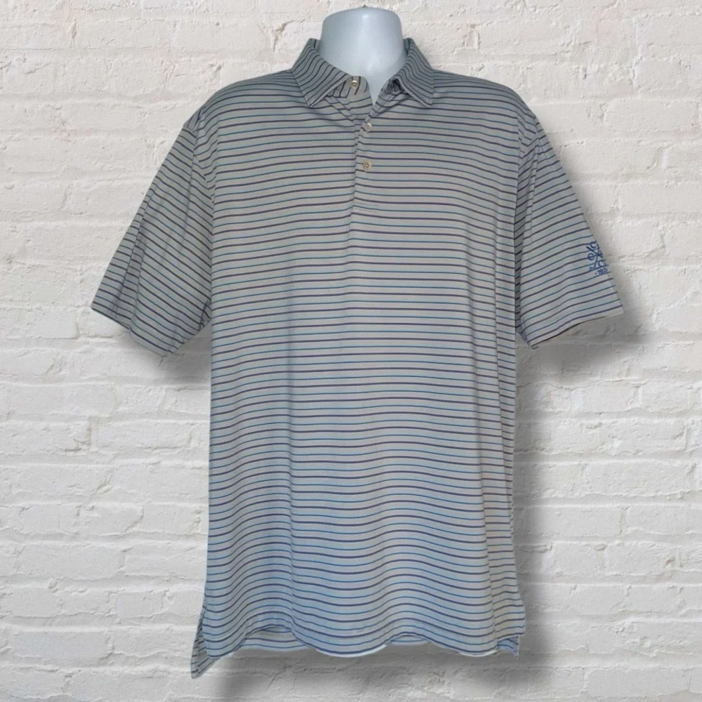 Peter Millar Summer Comfort Golf Polo Men’s Large Gray Blue Stripe Logo - Picture 3 of 8
